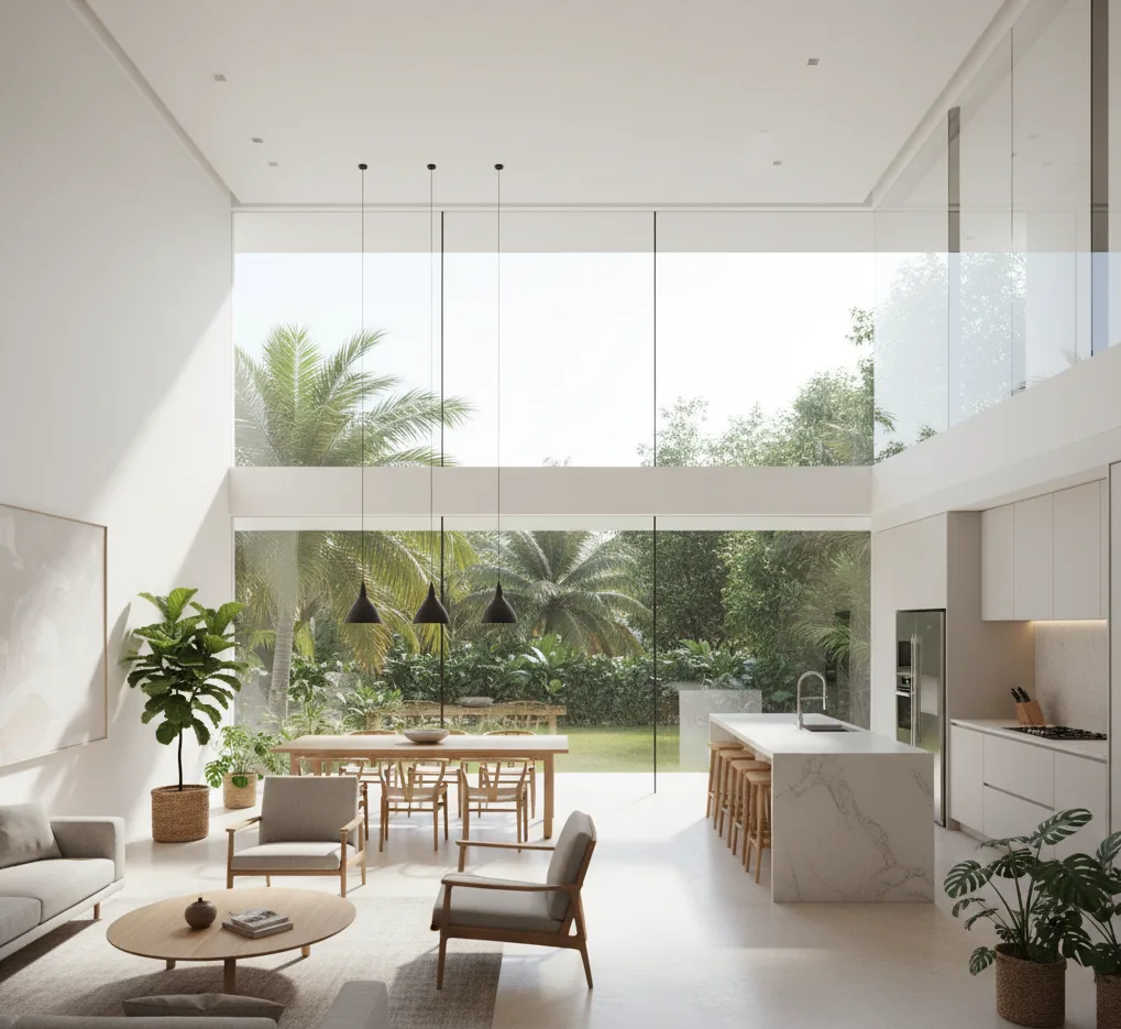 Open plan living and dining area with sunlight flowing through windows